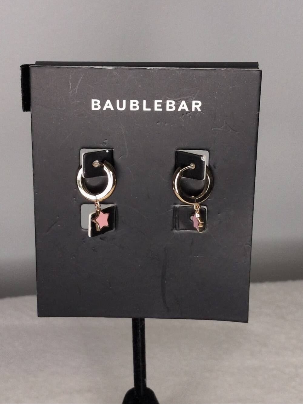 NWT BaubleBar "Prosperina" Gold Plated Huggie Hoop Earrings  Pink Enamel Star
